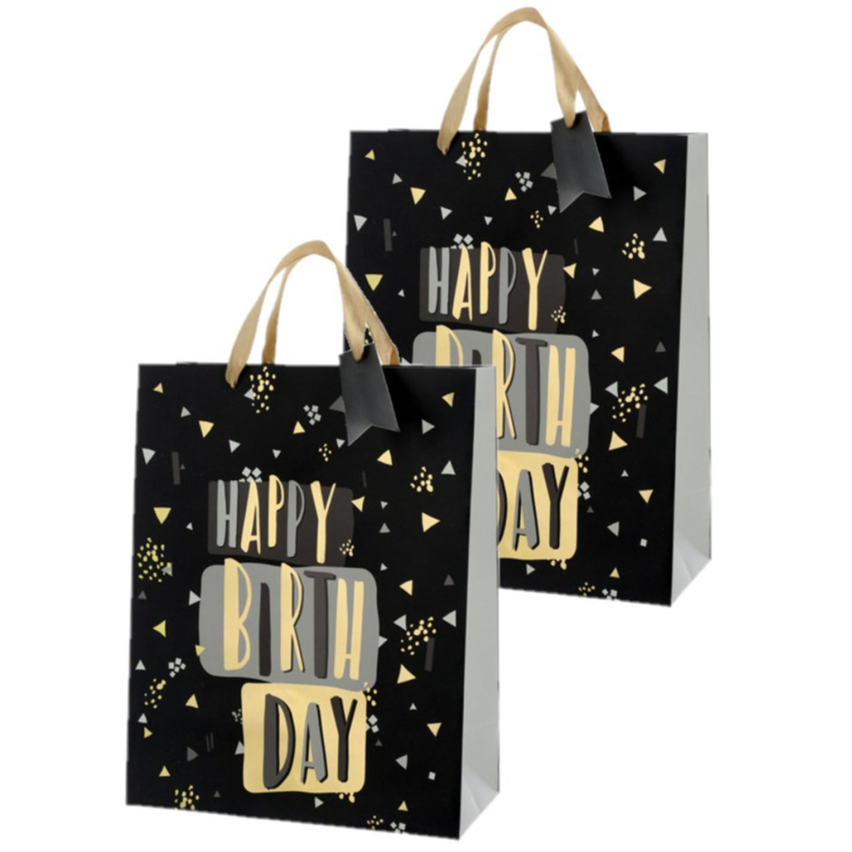 Set van 4x stuks papieren verjaardag giftbags/cadeau tasjes Happy Birthday zwart 25 x 32 x 12 cm