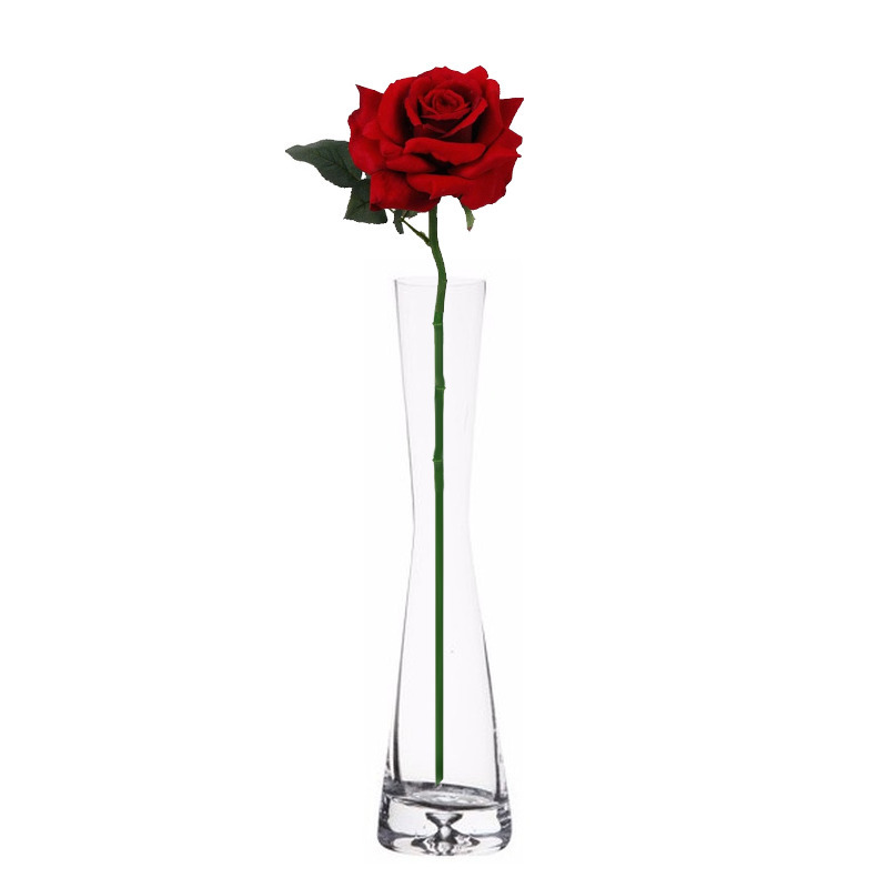 Smalle cadeau vaas met rode roos van 31 cm