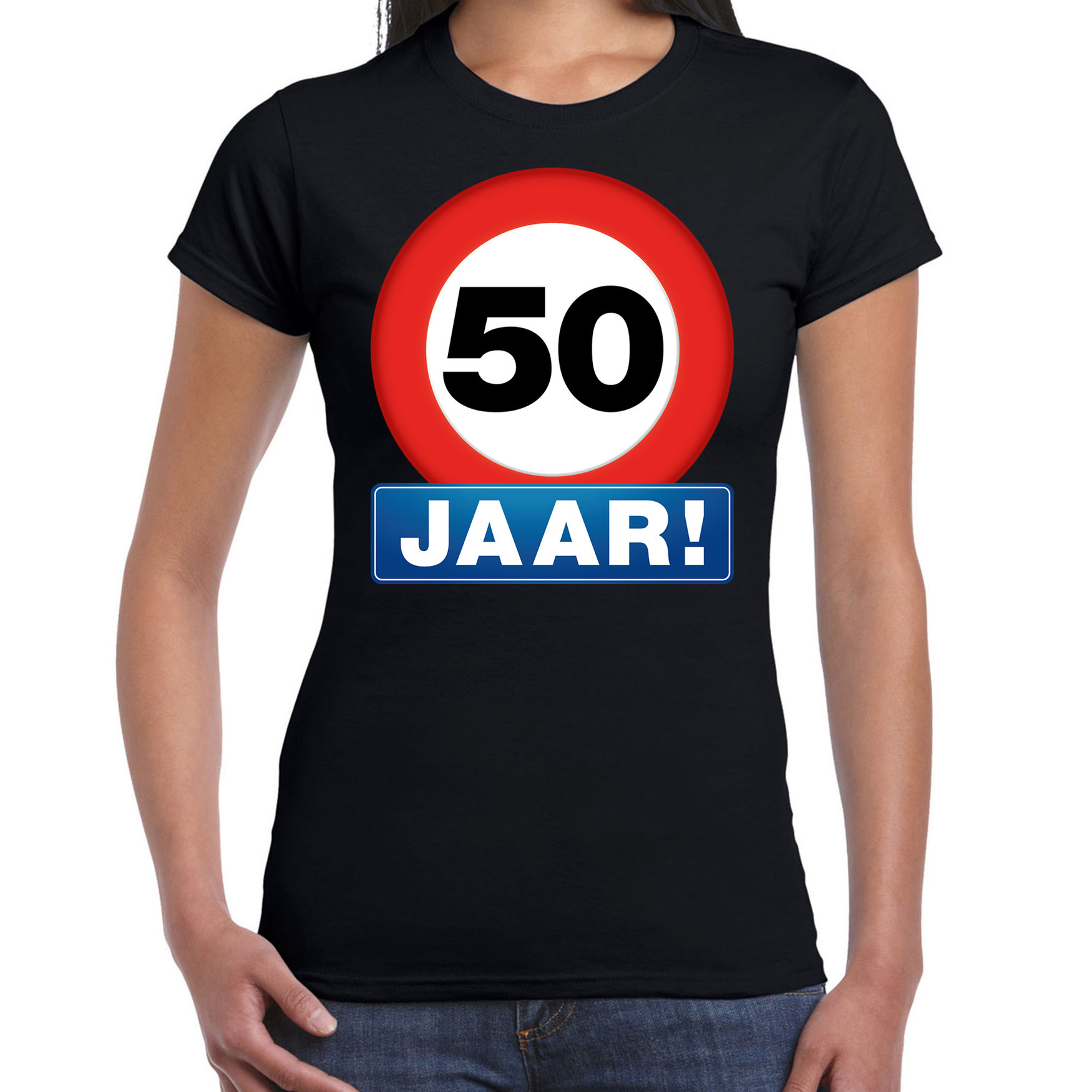 Stopbord 50 jaar Sarah verjaardag t-shirt zwart voor dames