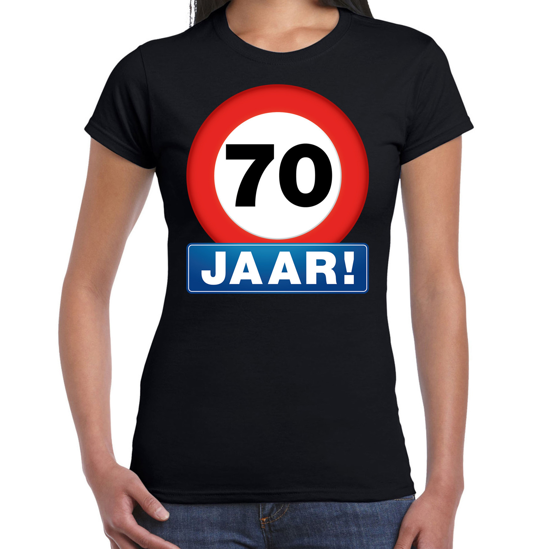 Stopbord 70 jaar verjaardag t-shirt zwart voor dames