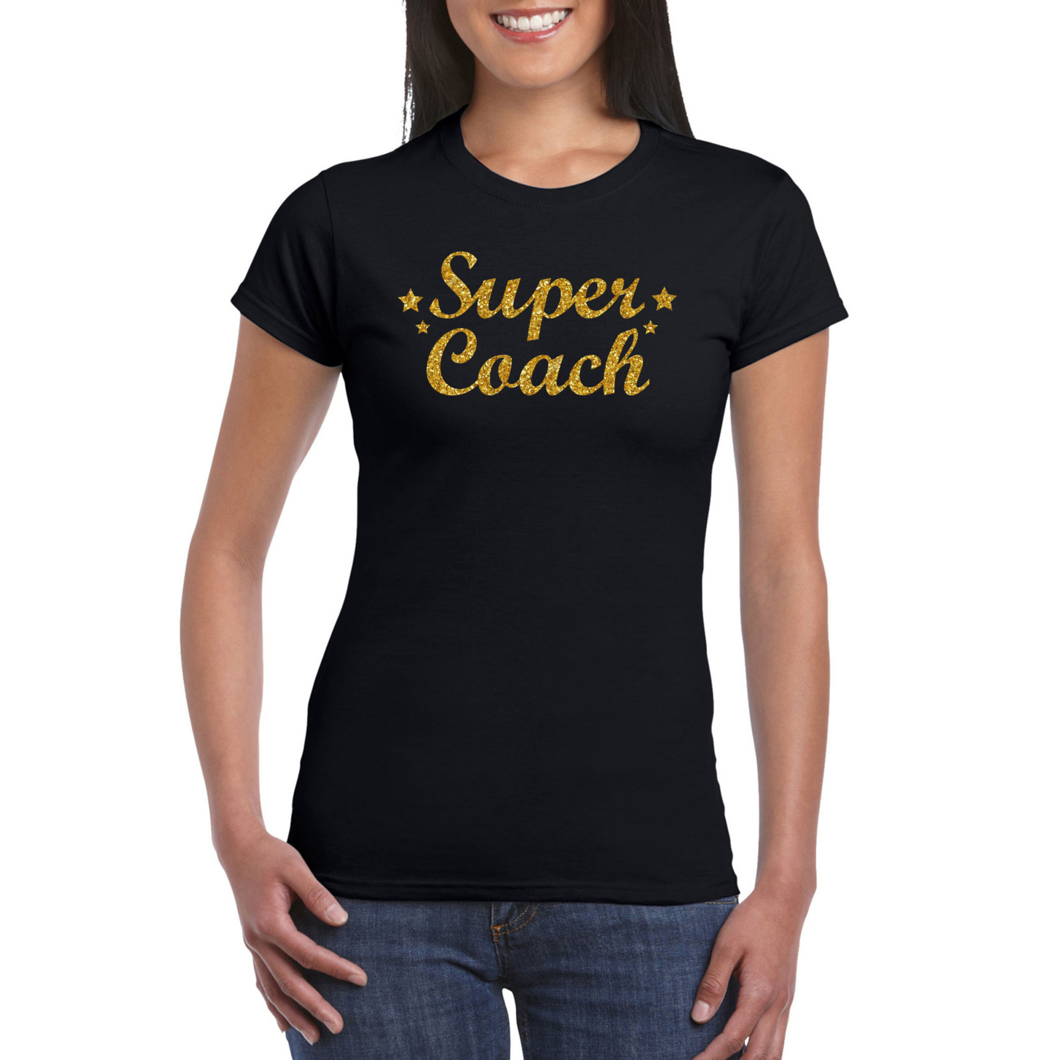 Super Coach cadeau t-shirt met gouden glitters op zwart voor dames
