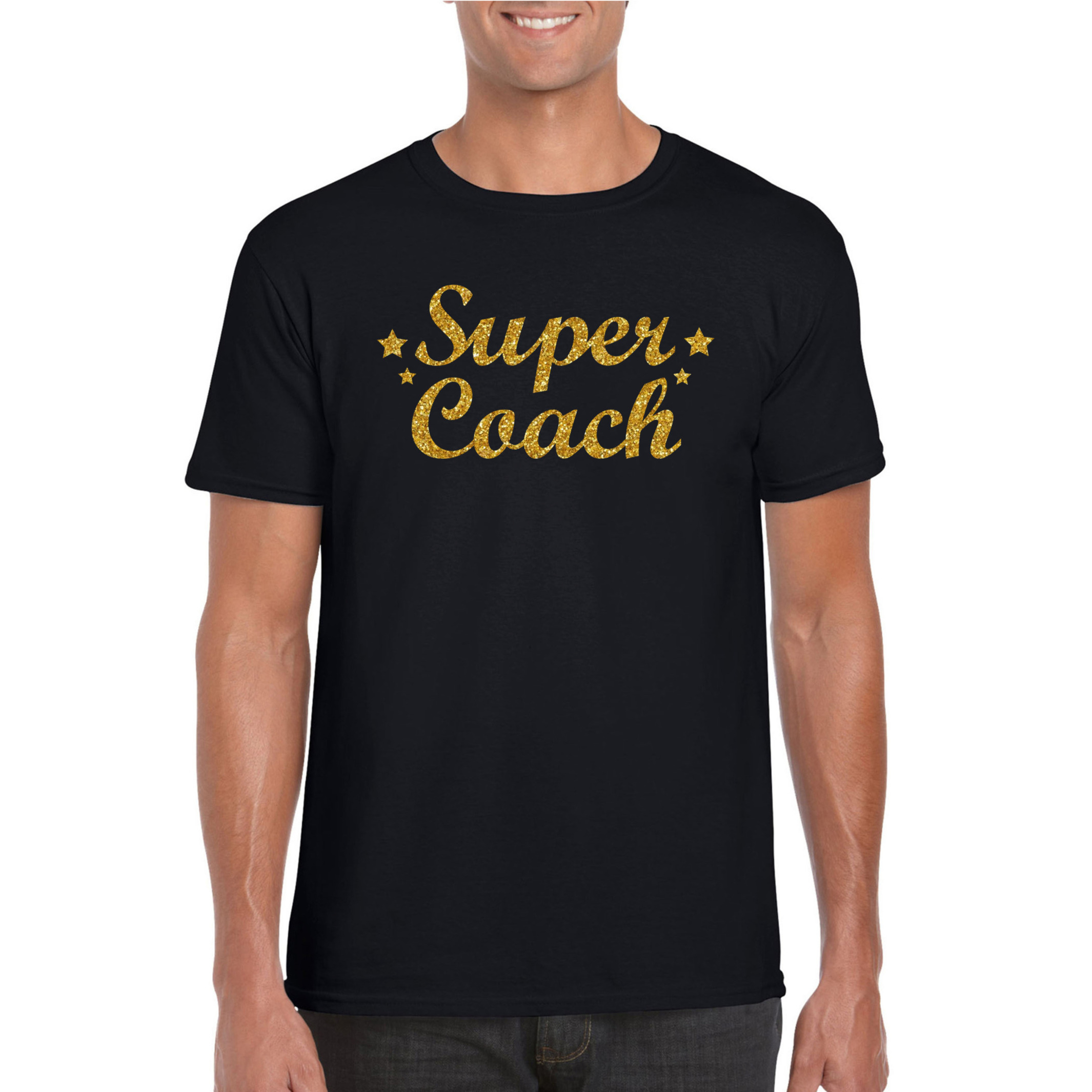 Super Coach cadeau t-shirt met gouden glitters op zwart voor heren