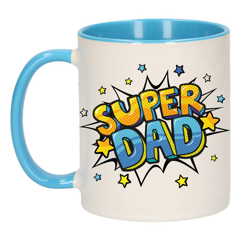 Super dad cadeau mok / beker wit en blauw met sterren 300 ml
