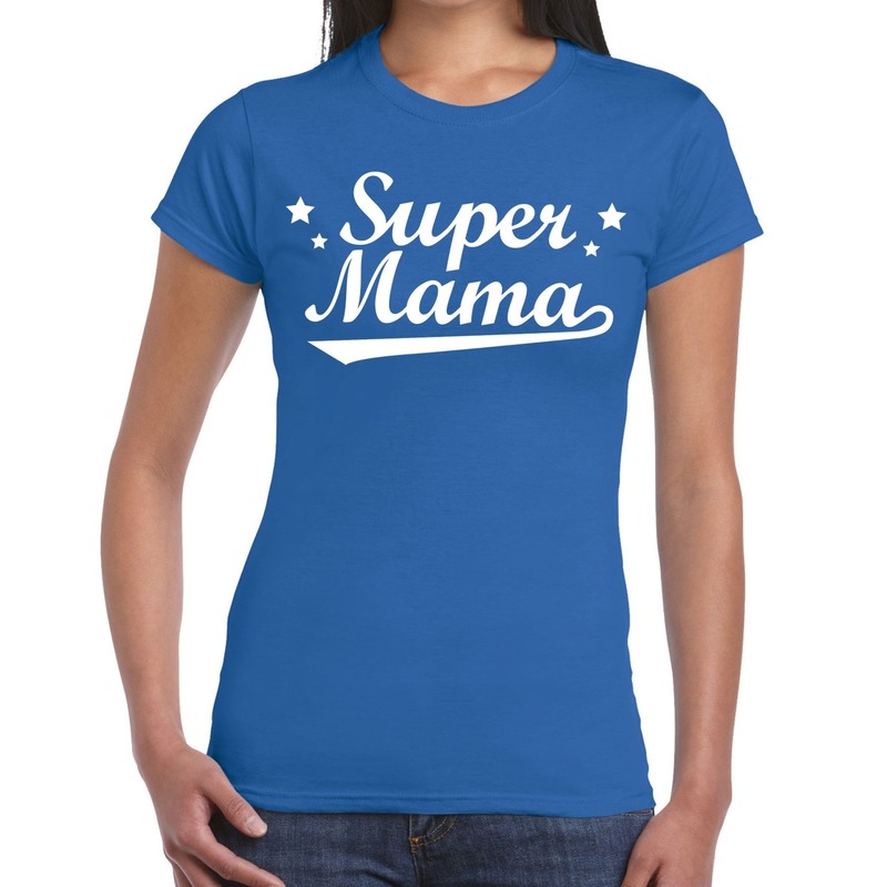 Super mama cadeau t-shirt blauw dames