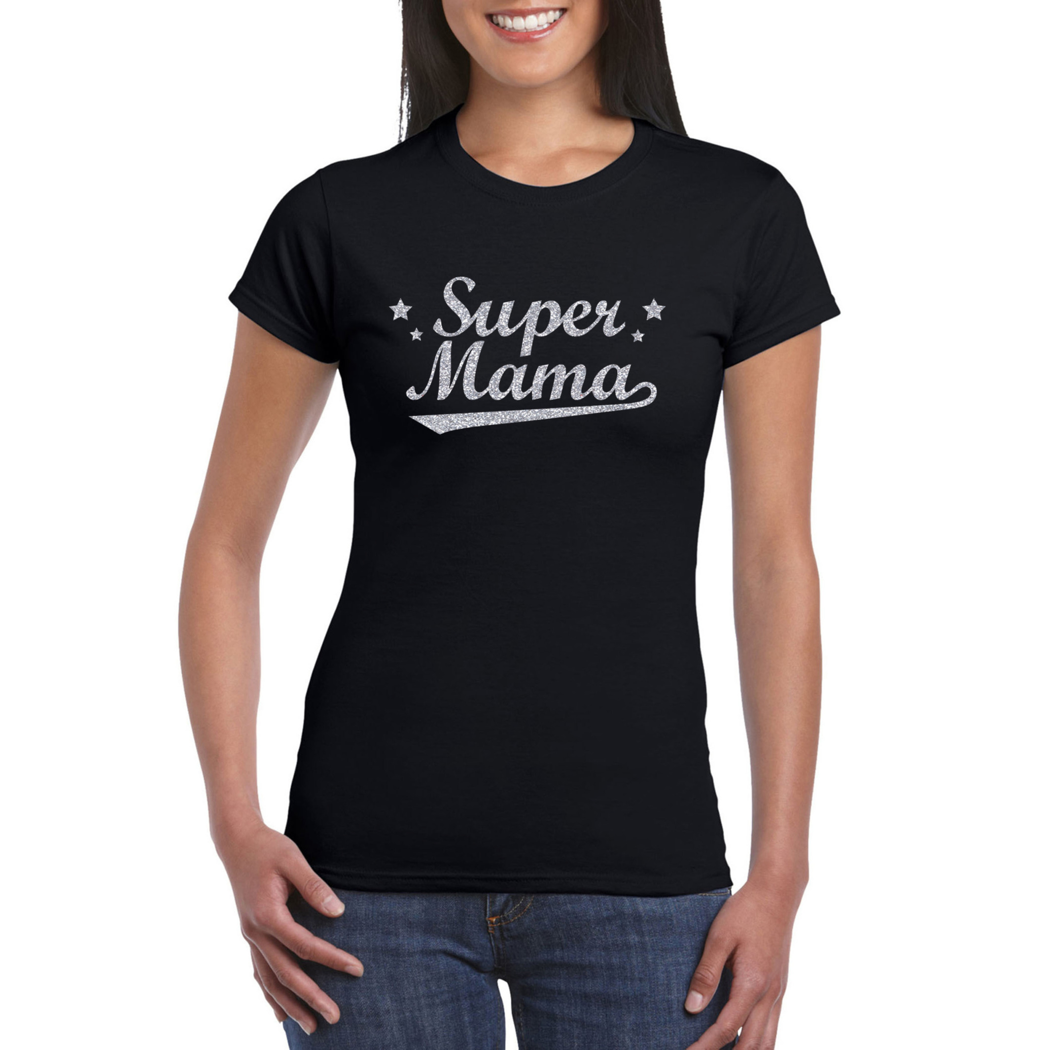 Super mama cadeau t-shirt met zilveren glitters op zwart voor dames