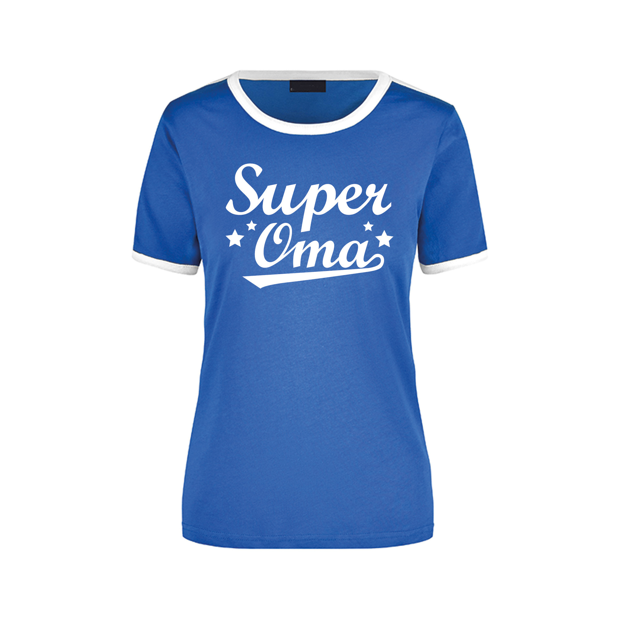 Super oma blauw/wit ringer t-shirt voor dames