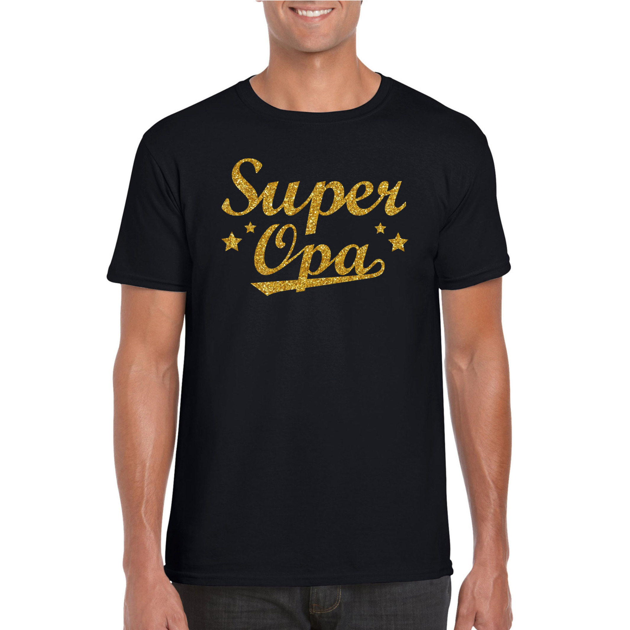 Super opa cadeau t-shirt met gouden glitters op zwart voor heren