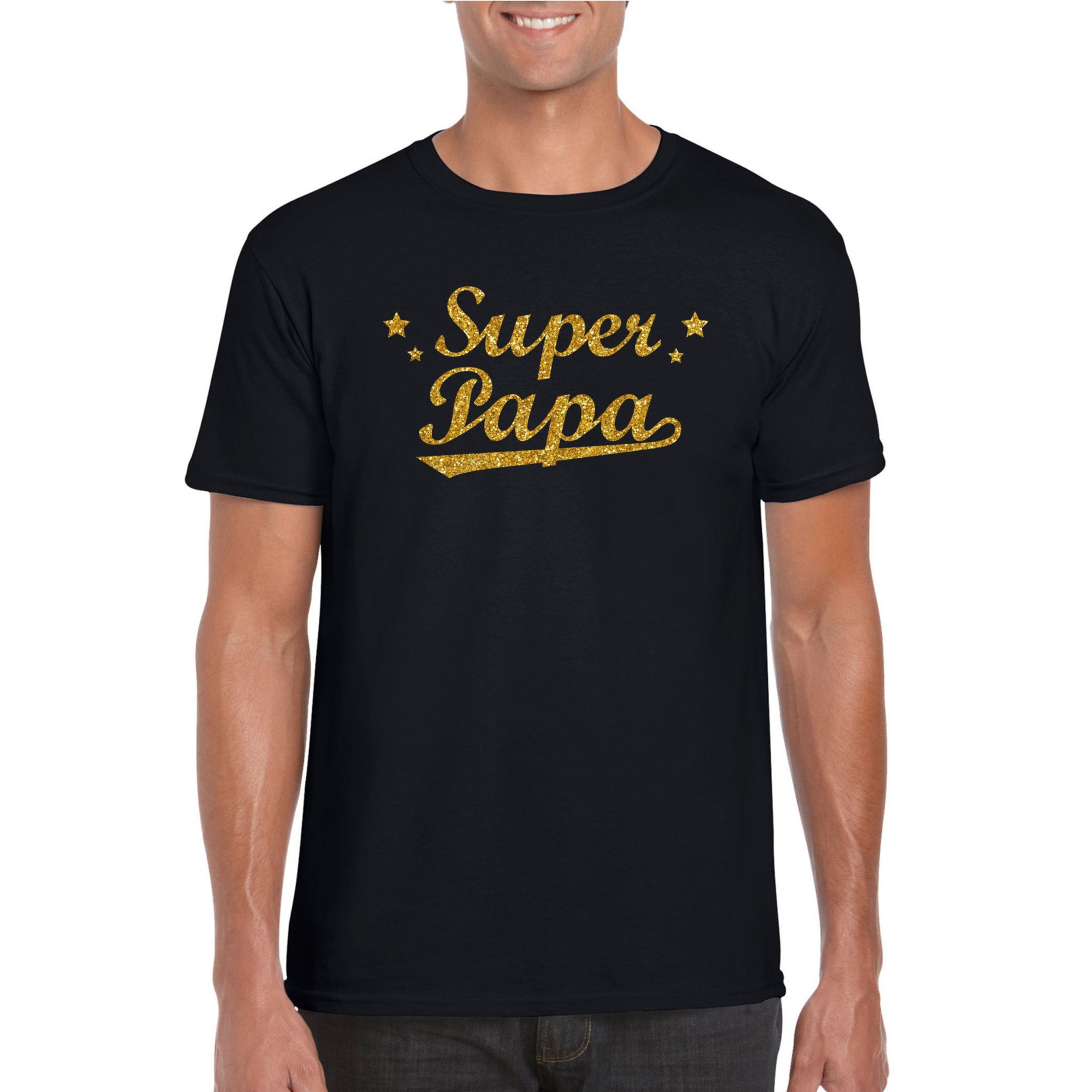 Super papa cadeau t-shirt met gouden glitters op zwart voor heren
