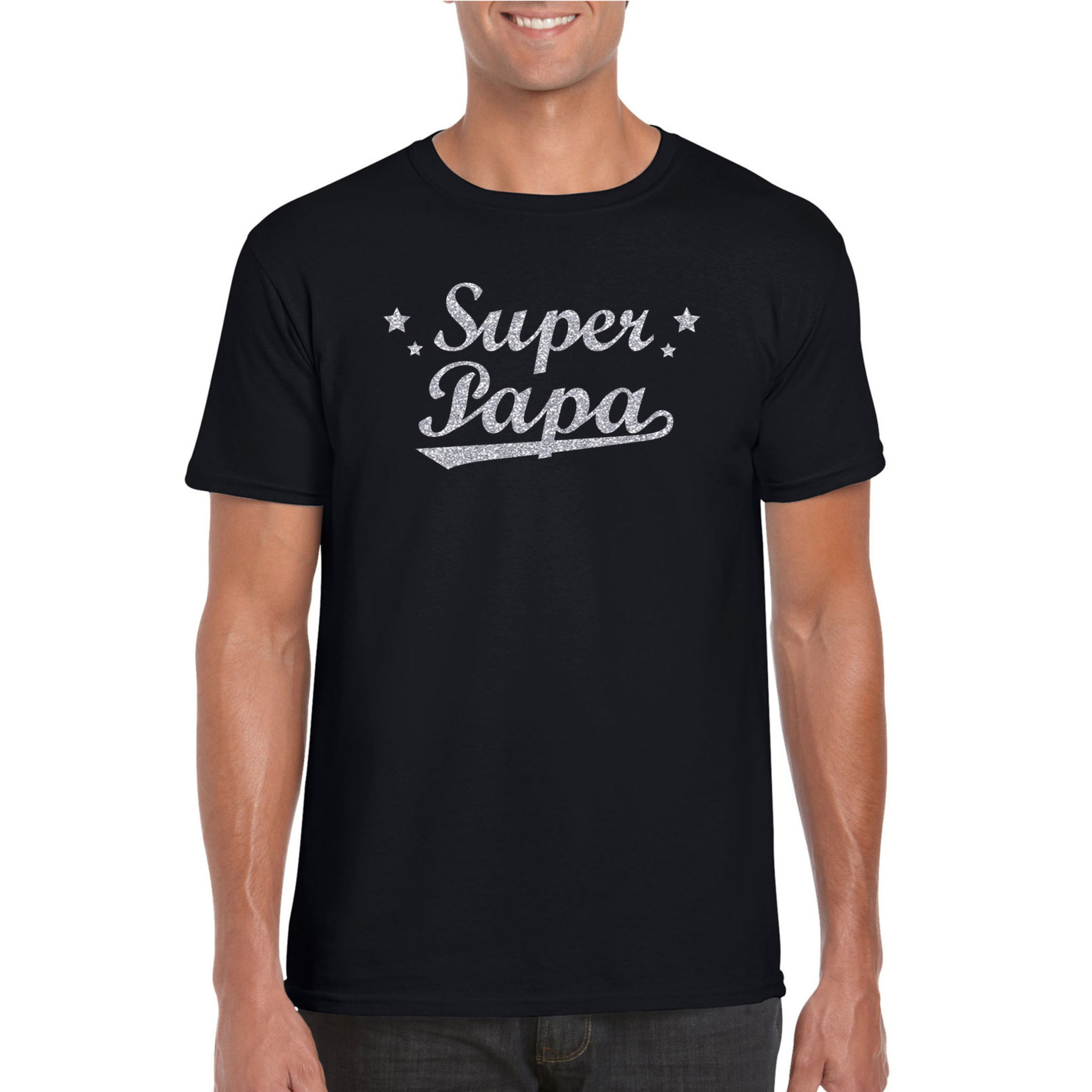 Super papa cadeau t-shirt met zilveren glitters op zwart voor heren
