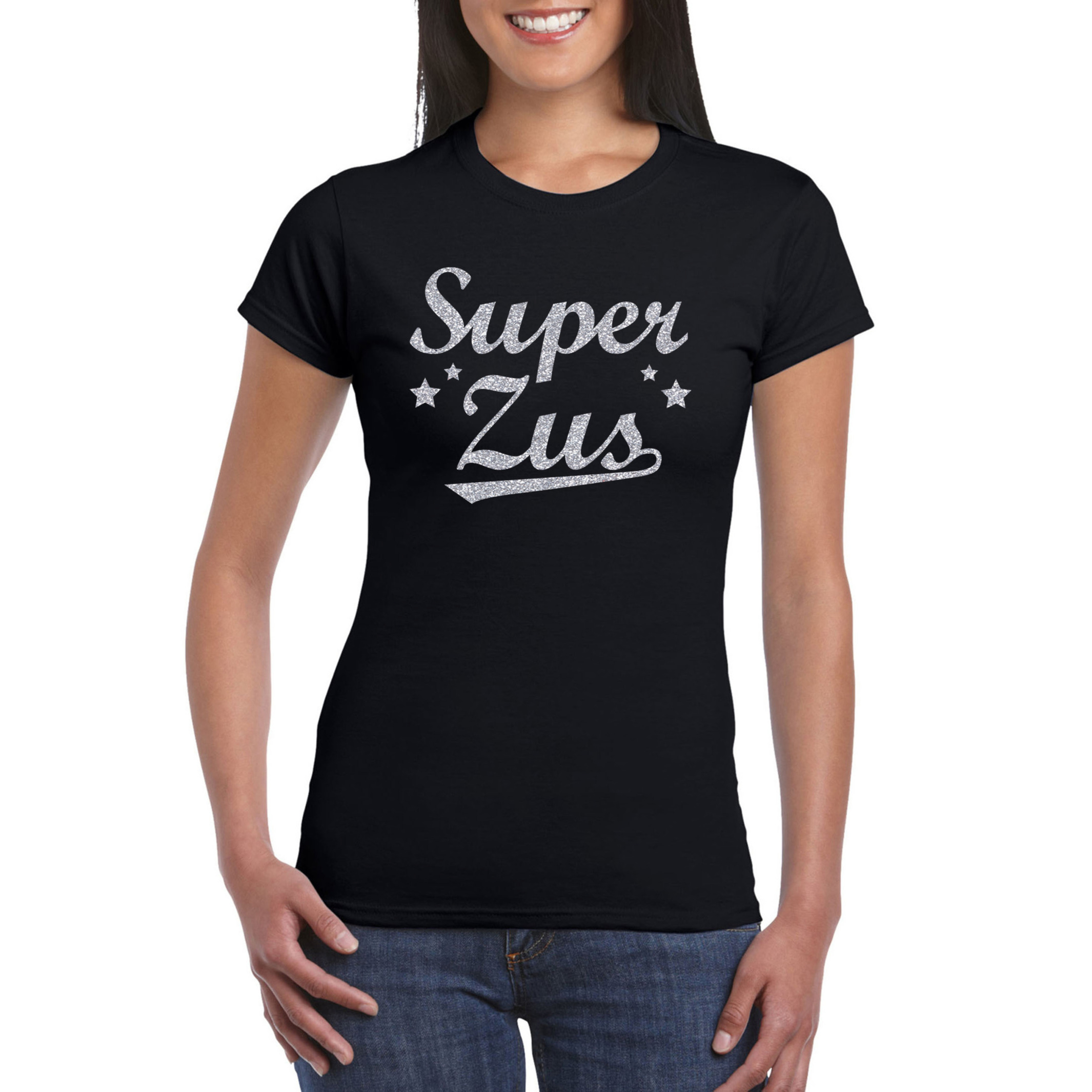 Super zus cadeau t-shirt met zilveren glitters op zwart voor dames