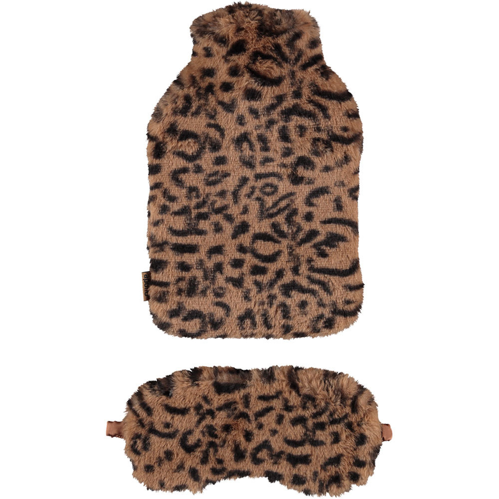 Superzachte fluffy cheetah/luipaard print warmwaterkruik en slaapmasker cadeau set bruin