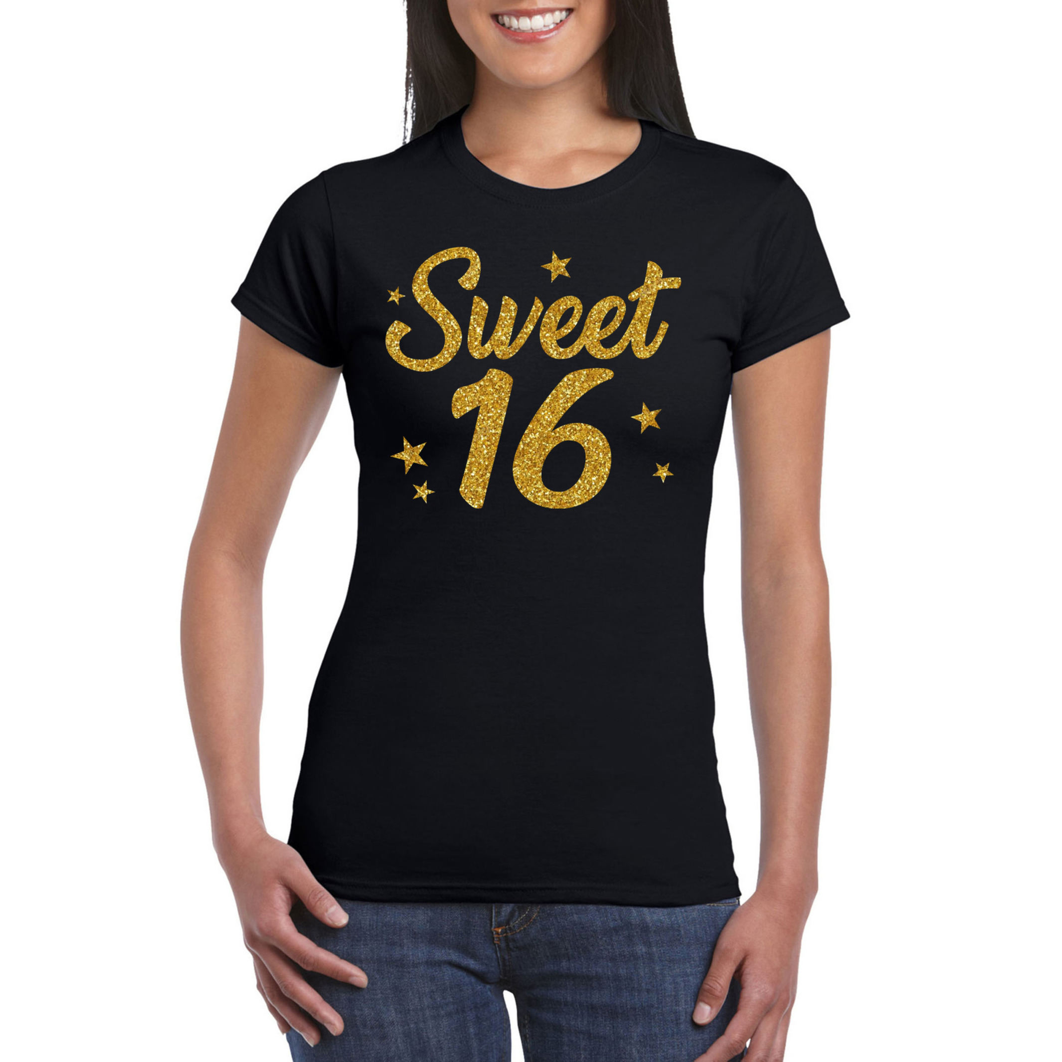 Sweet 16 goud glitter verjaardag cadeau t-shirt zwart dames
