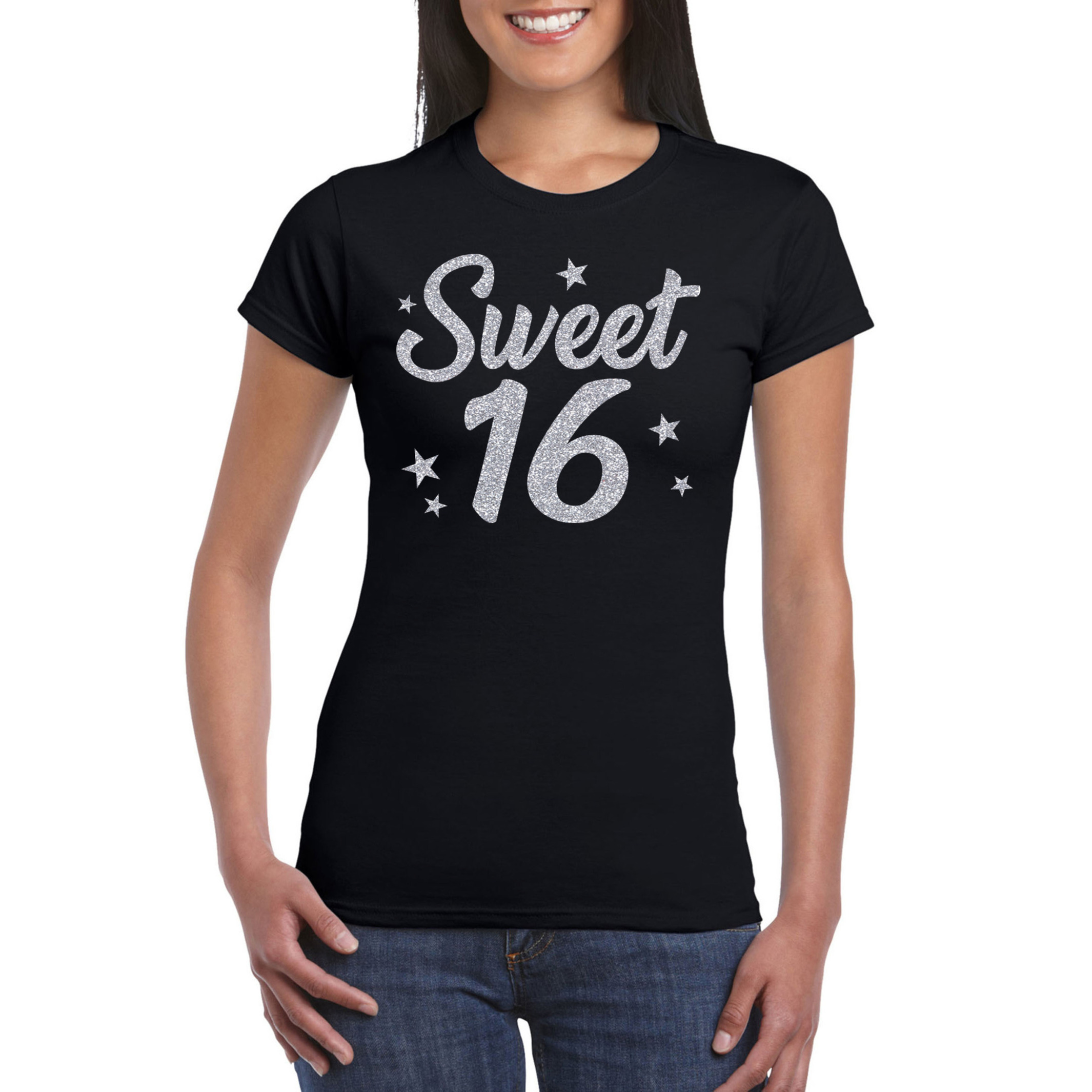 Sweet 16 zilver glitter verjaardag cadeau t-shirt zwart dames