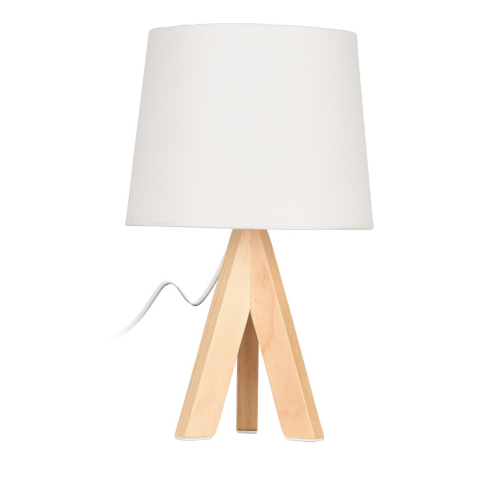 Tafellamp/schemerlampje witte kap en houten poten 29 cm