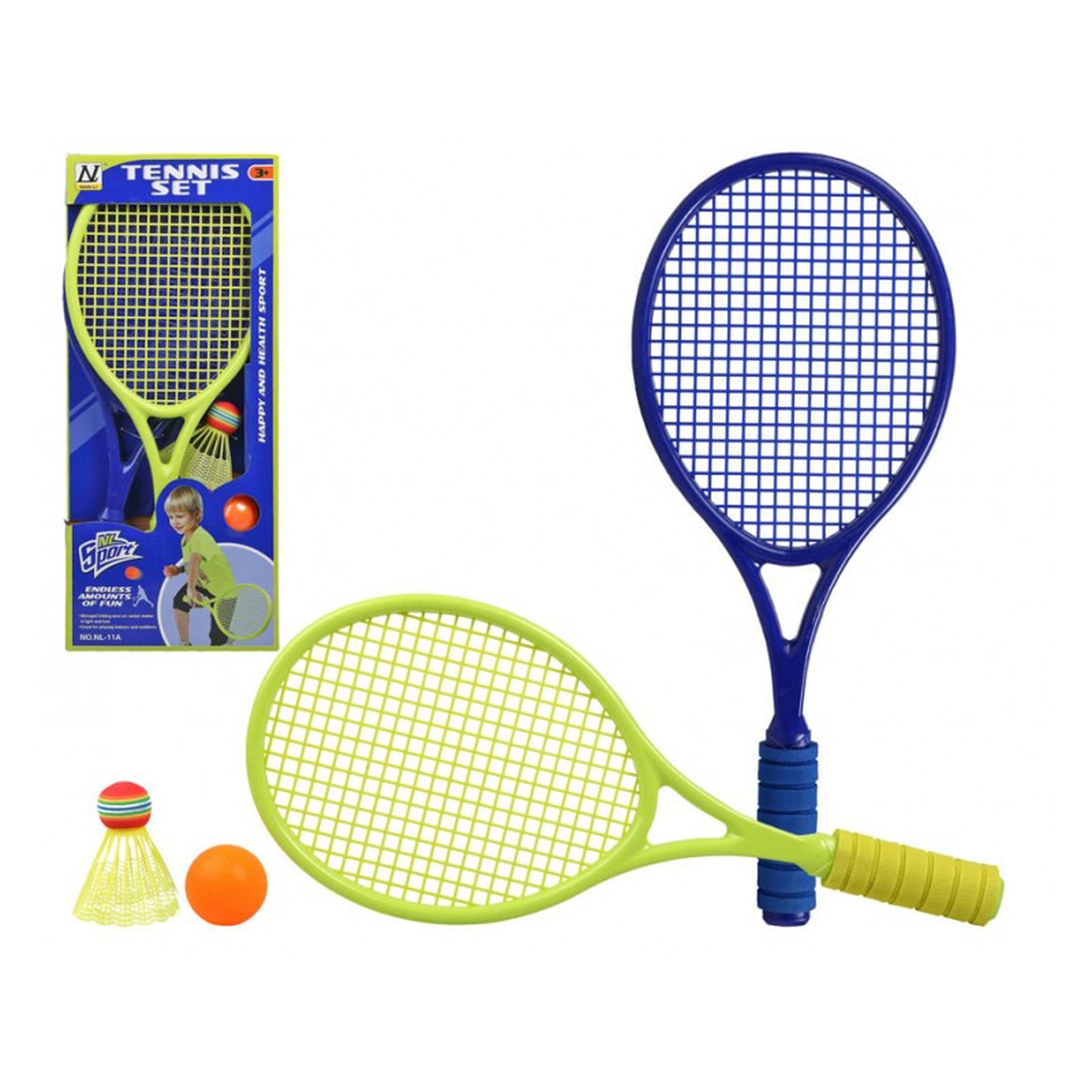 Tennis/badminton set/beachball set blauw/groen met bal en shuttle voor kinderen.