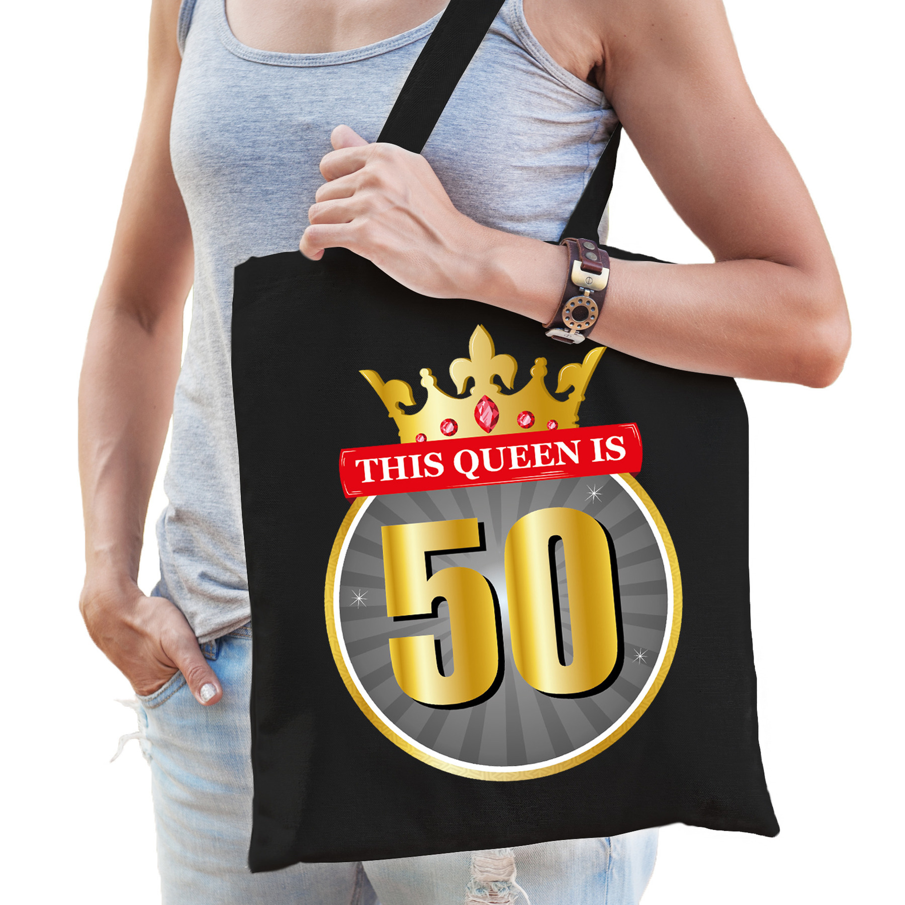 This Queen is 50 verjaardag cadeau tas zwart voor dames - Sarah / 50 jaar
