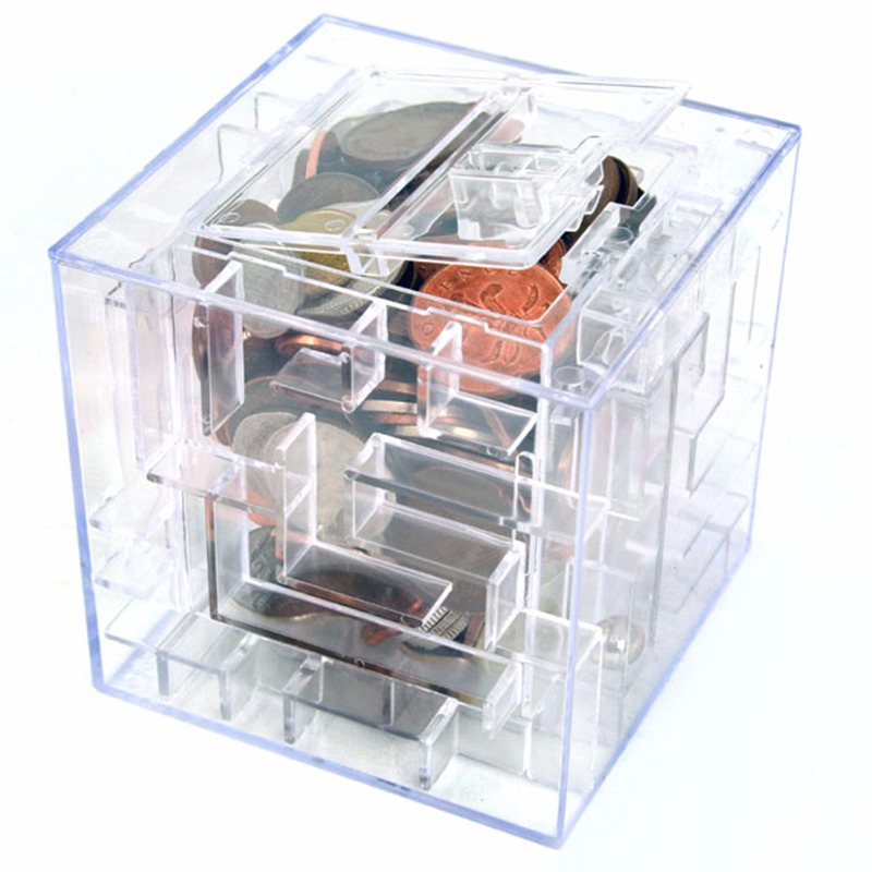 Transparante Spaarpot met doolhof gadget van 9 x 9 x 9 cm