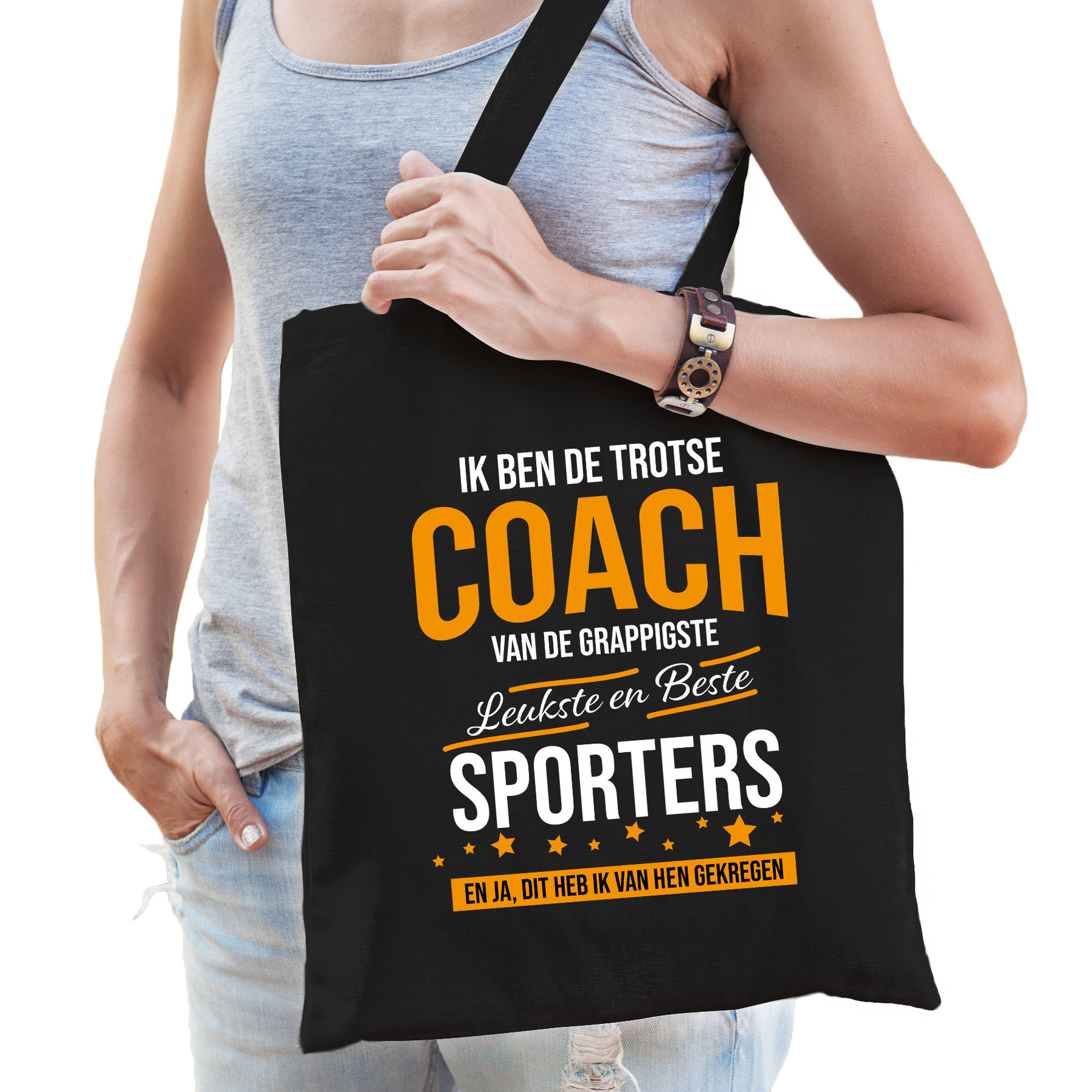 Trotse coach van de beste sporters katoenen cadeau tas zwart voor dames