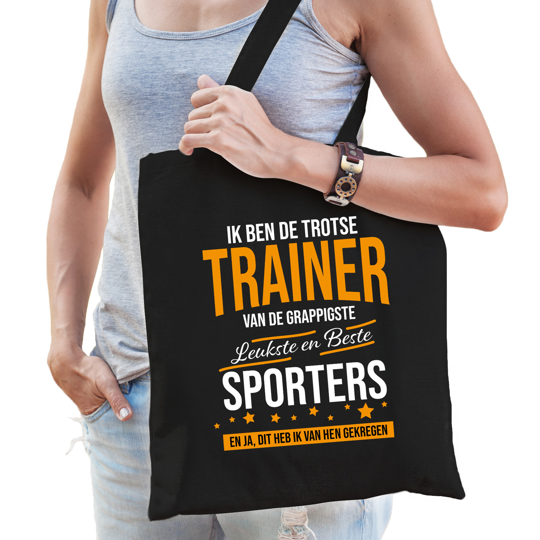 Trotse trainer van de beste sporters katoenen cadeau tas zwart voor dames