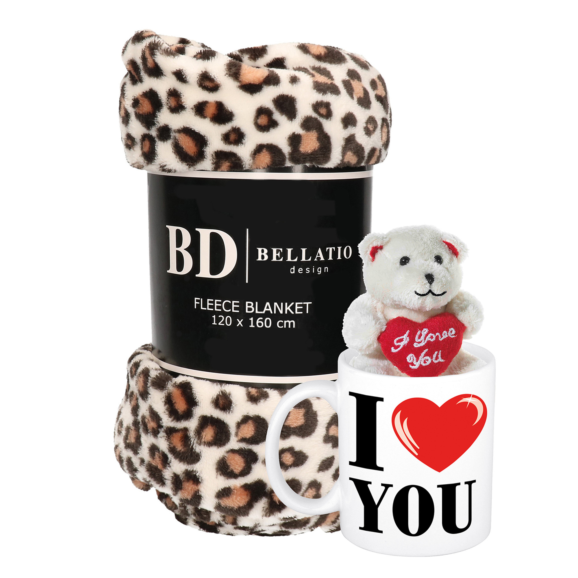 Valentijn cadeau set - Fleece plaid/deken luipaard print met I love you mok en beertje