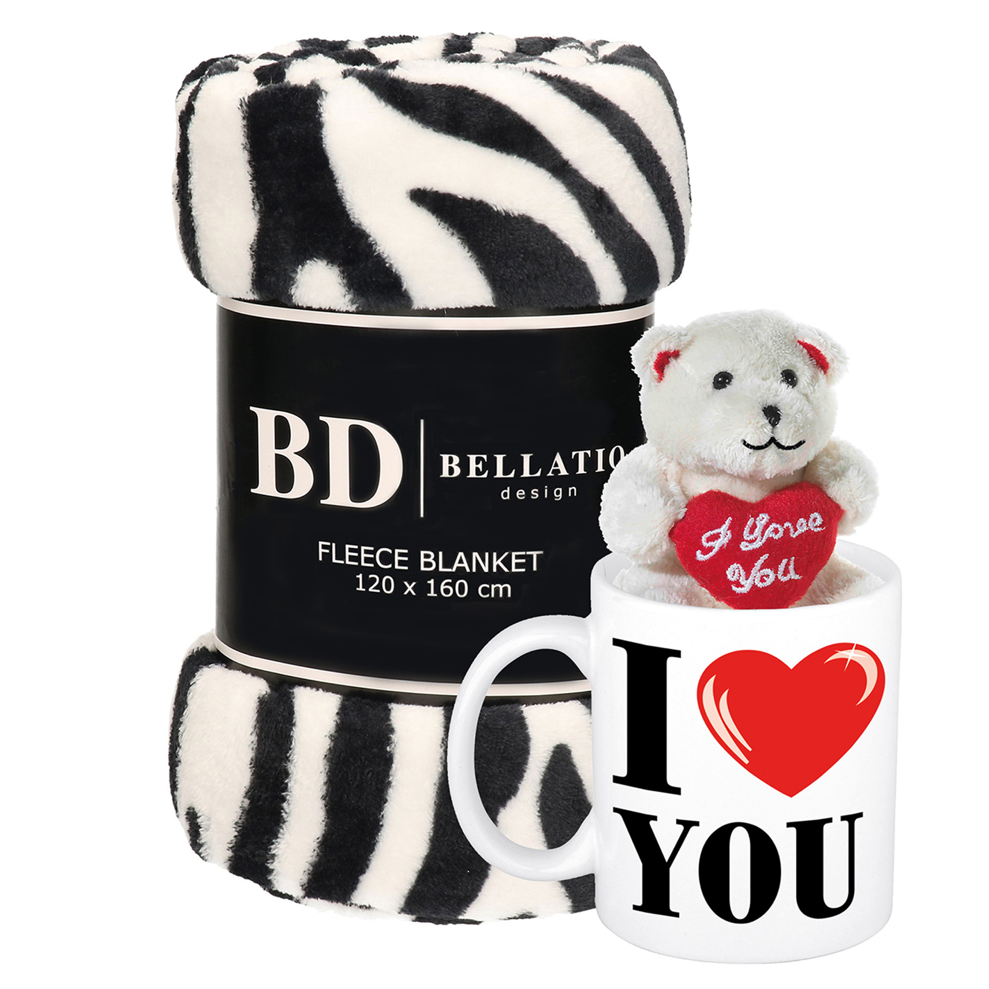 Valentijn cadeau set - Fleece plaid/deken zebra print met I love you mok en beertje