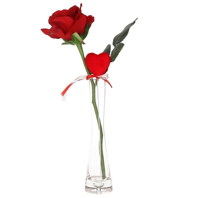 Valentijnscadeau rode roos 30 cm met hart in smalle vaas