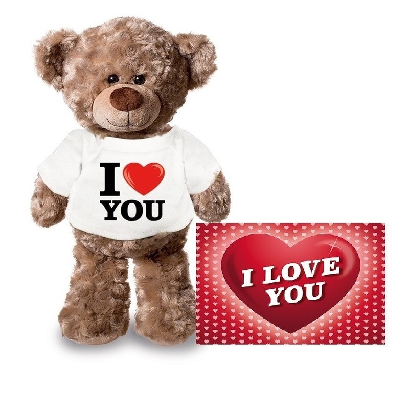 Valentijnskaart en knuffelbeer 24 cm met I love you shirt