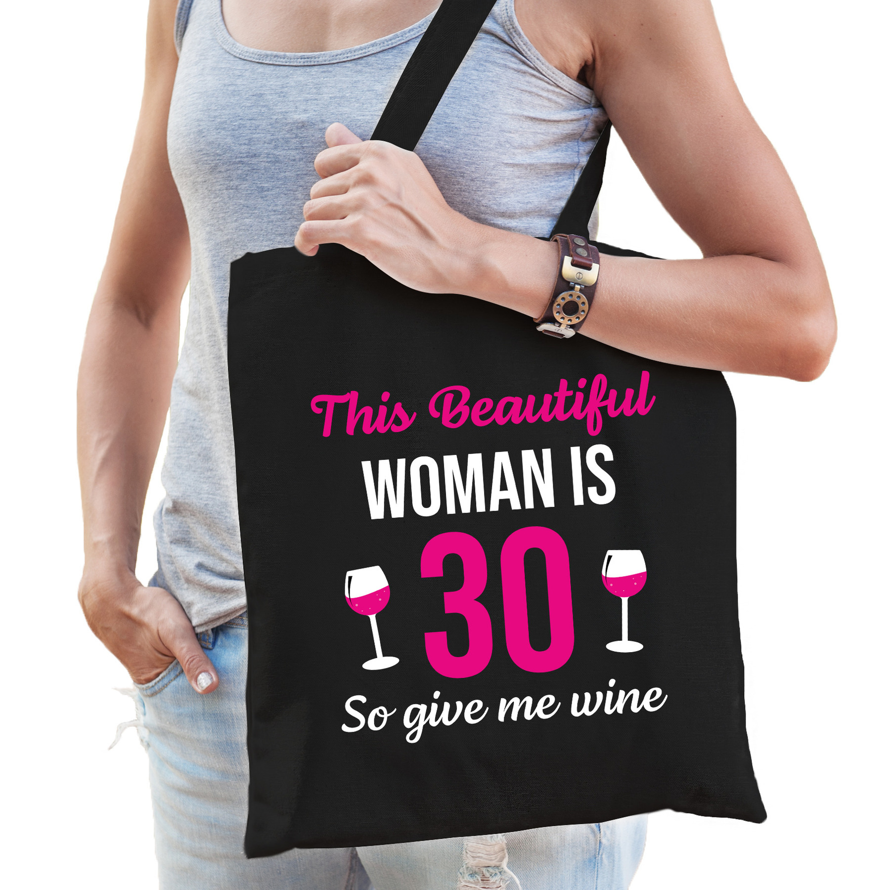 Verjaardag cadeau tas 30 jaar - this beautiful woman is 30 give wine zwart voor dames