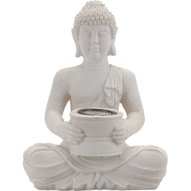 Witte solar Boeddha beeld tuinverlichting 31 cm