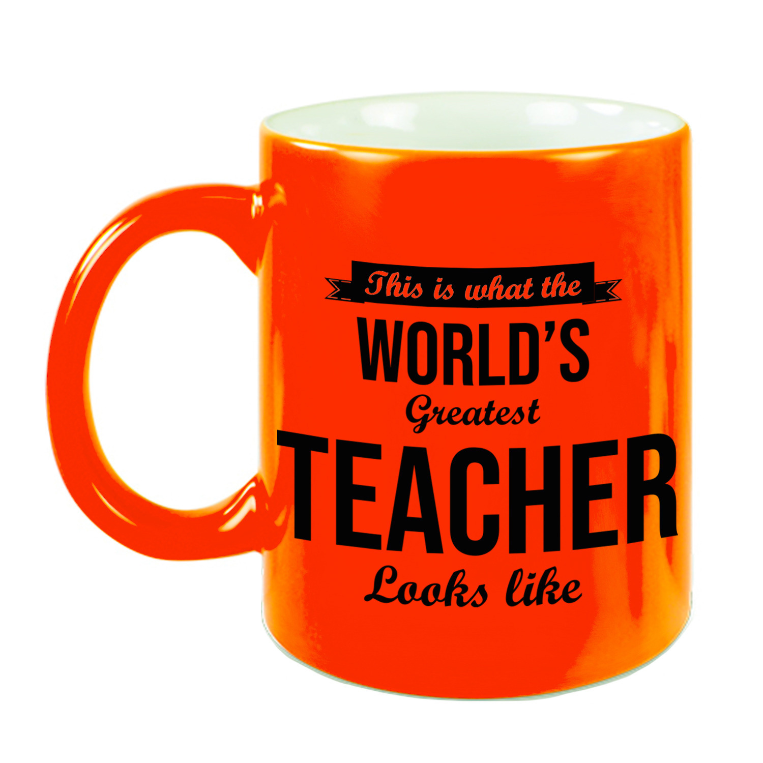 Worlds Greatest Teacher cadeau koffiemok / theebeker voor leraar / lerares neon oranje 330 ml