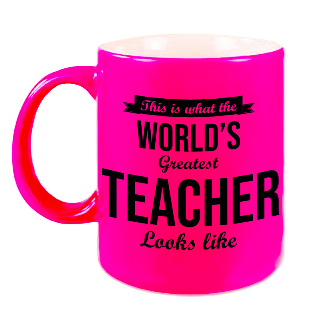 Worlds Greatest Teacher cadeau koffiemok / theebeker voor leraar / lerares neon roze 330 ml