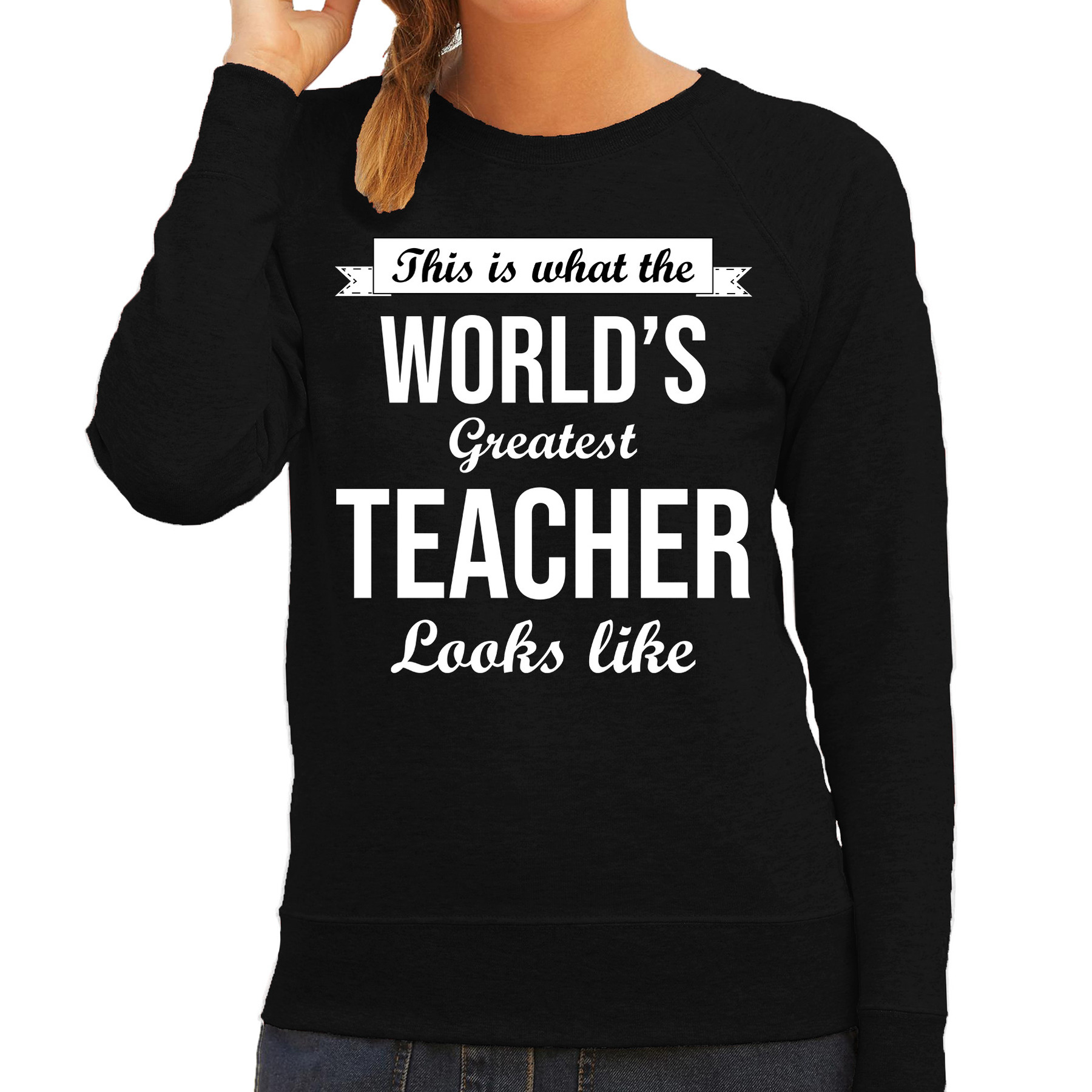 Worlds greatest teacher / lerares cadeau sweater zwart voor dames