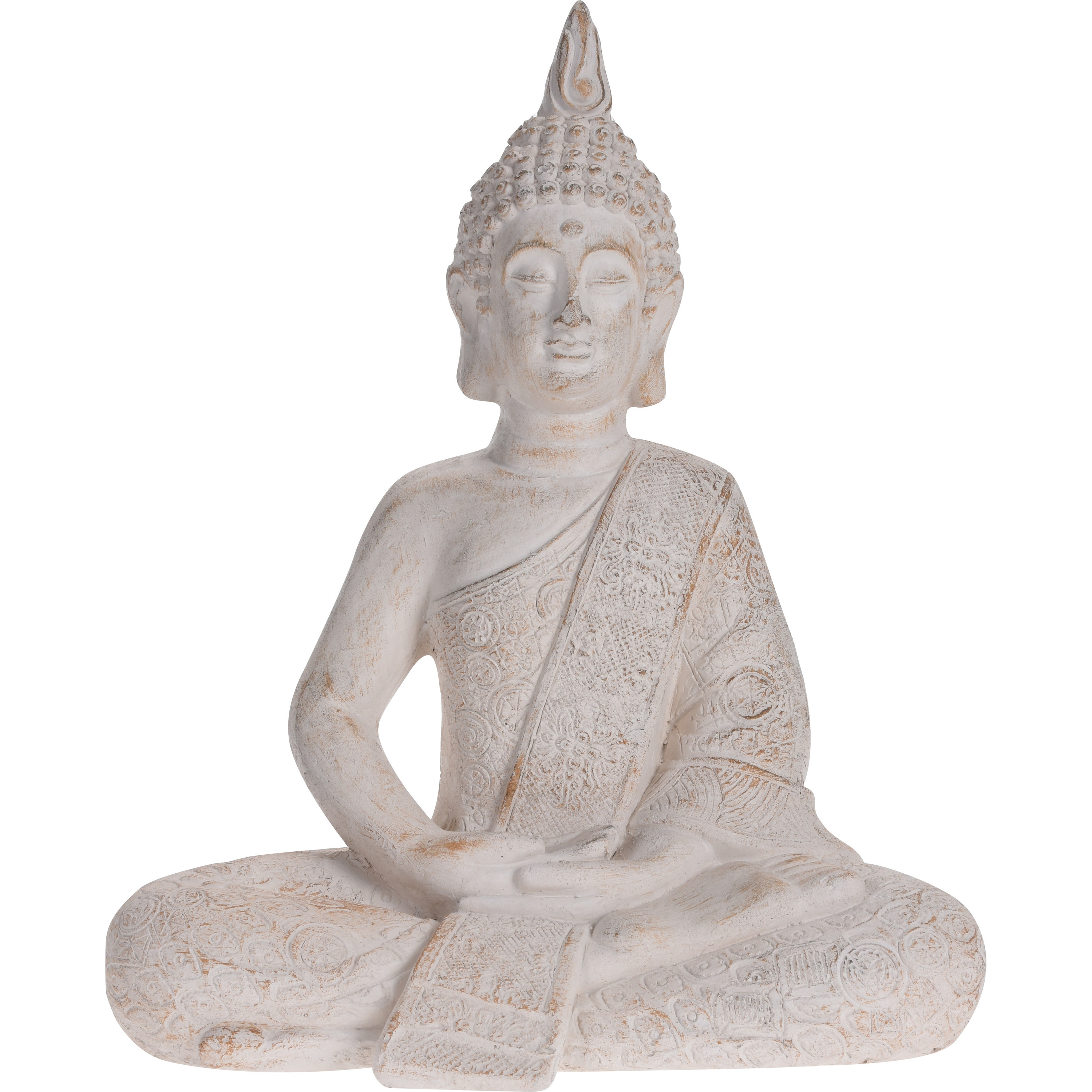 Zittend Boeddha tuinbeeld antiek creme 49 cm
