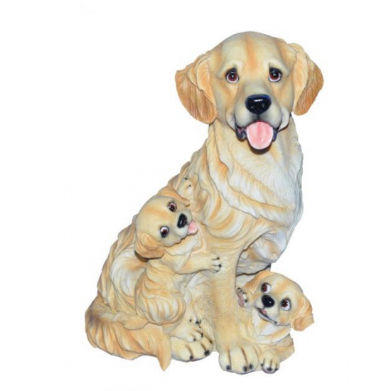 Zittend Golden Retriever met puppies beeldje voor in de tuin 35 cm