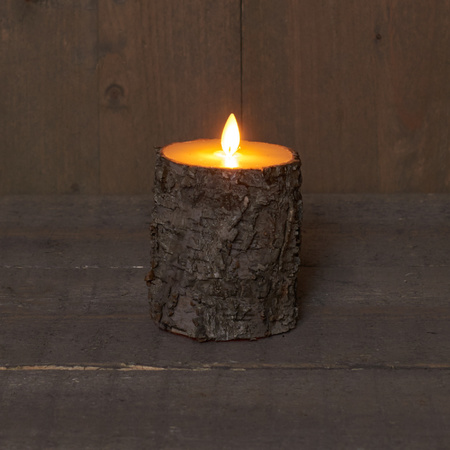 LED candles - set 2x - brown birch wood - H10 and H12,5 cm - flickering flame