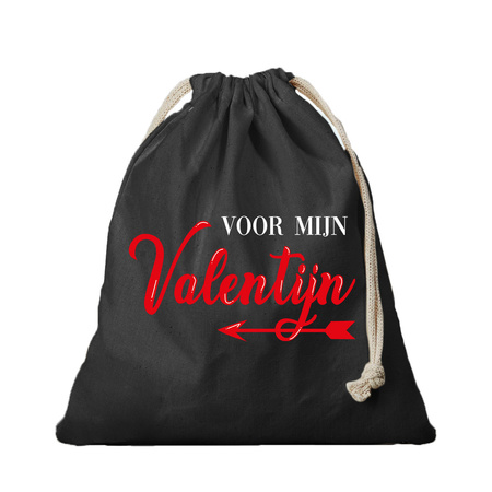1x Canvas gift bag Voor mijn Valentijn black with drawstring black 25 x 30 cm