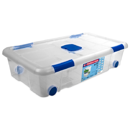 2x Opbergboxen/opbergdozen met deksel en wieltjes 30 en 55 liter kunststof transparant/blauw