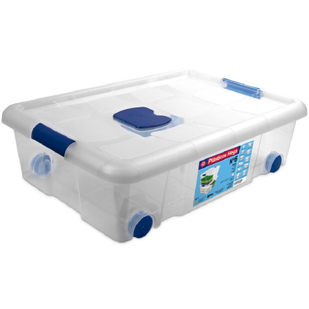 2x Storage boxes 31 and 55 liters with wheels plastic transparent/blue