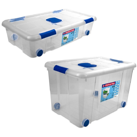 2x Storage boxes 30 and 55 liters with wheels plastic transparent/blue