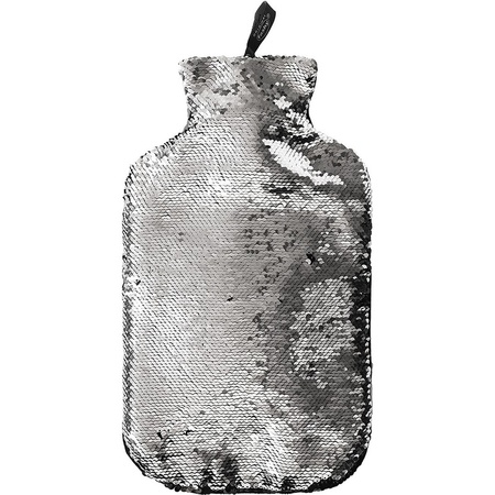 2x Black/silver warm water bottles with sequins 2 liter