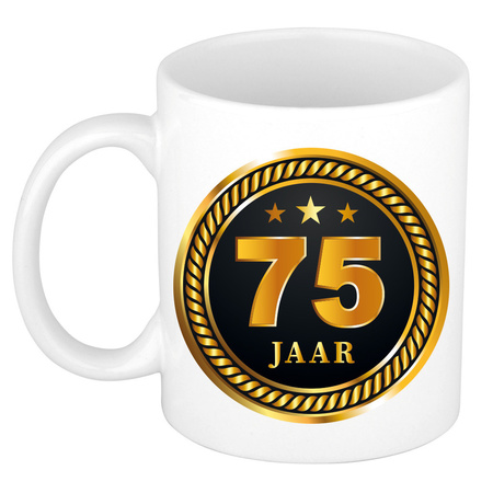 Gold black medal 75 year mug for birthday / anniversary