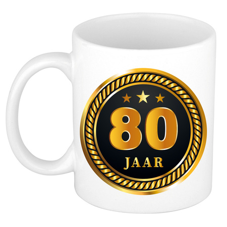 Gold black medal 80 year mug for birthday / anniversary
