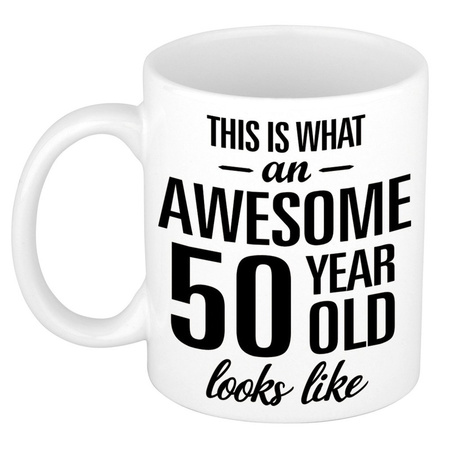 Gift birthday 50 years woman set: Fleece plaid/blanket zebra print with Awesome 50 year mug 300 ml