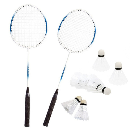 Badminton set blauw/wit met 8x shuttles en opbergtas