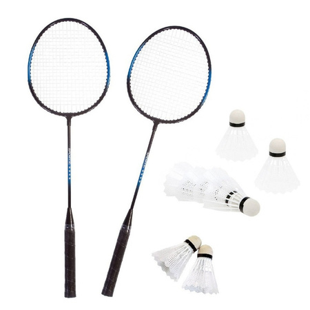 Badminton set blauw/zwart met 8x shuttles en opbergtas