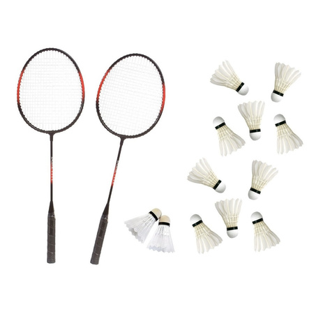 Badminton set rood/zwart met 12x shuttles en opbergtas