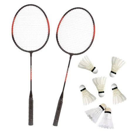 Badminton set rood/zwart met 7x shuttles en opbergtas