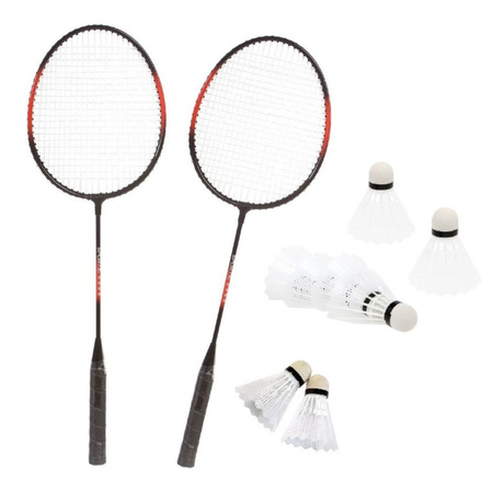 Badminton set rood/zwart met 8x shuttles en opbergtas