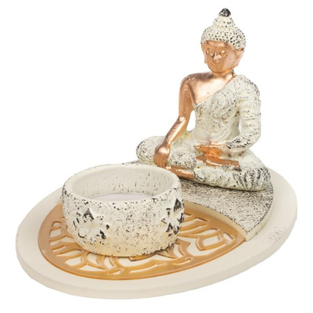 Boeddha beeld voor binnen 15 cm met 30x geurkaarsen lavendel