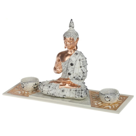 Boeddha beeld voor binnen 33 cm met 30x geurkaarsen lavendel